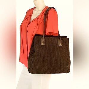⛰️STONE MOUNTAIN⛰️ CORDUROY FABRIC LEATHER TRIM SECTION POCKETS TOTE PURSE
